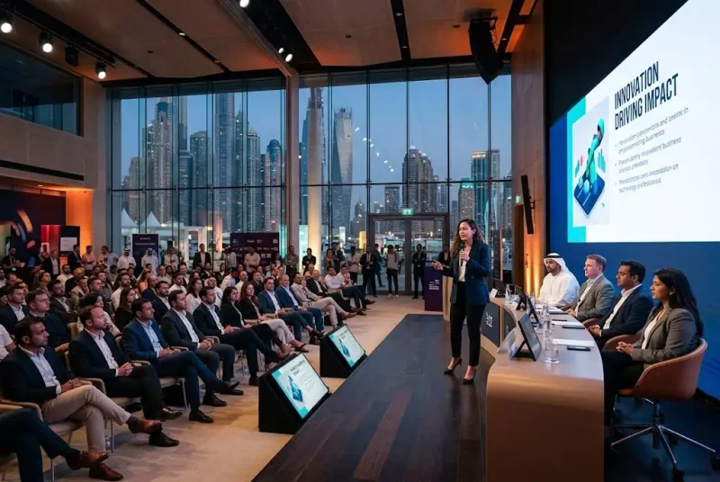 Startup Pitch Events in Dubai with an entrepreneur presenting to investors and business judges