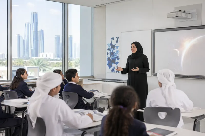 Professional teacher in Abu Dhabi classroom discussing UAE teaching license requirements