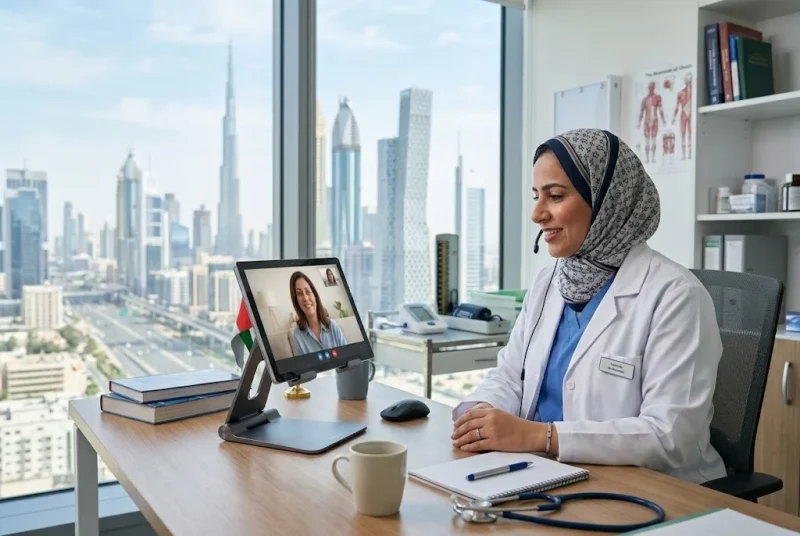 Telemedicine growth in UAE showing a doctor conducting a virtual medical consultation with a patient using a digital healthcare platform