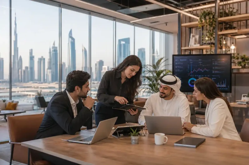 Entrepreneurs working inside a modern startup incubator in Dubai