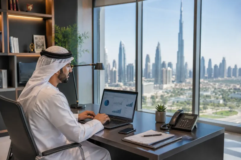 Entrepreneur performing Dubai trade license online verification in UAE office