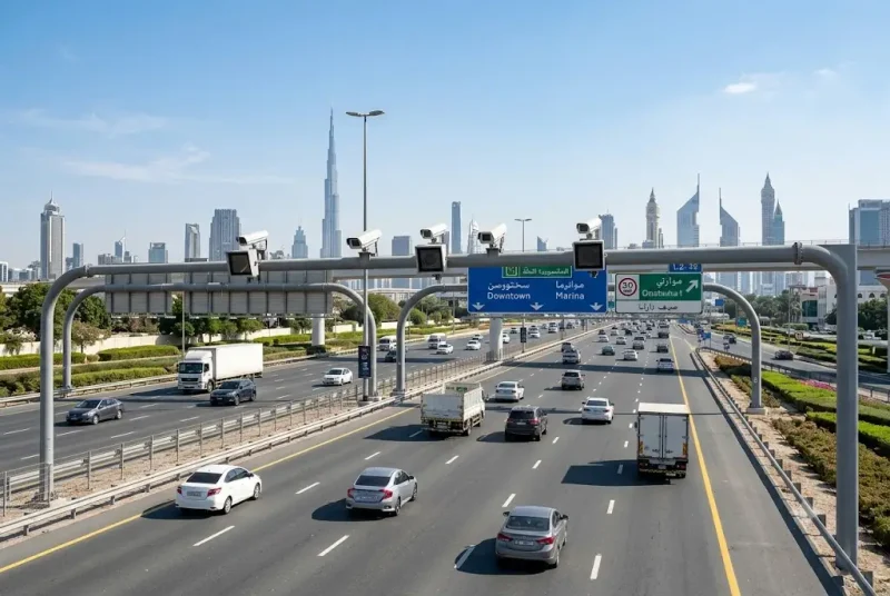 Modern UAE highway with traffic monitoring systems and vehicles driving legally