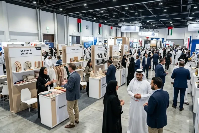 UAE Trade Shows for Small Businesses with entrepreneurs presenting products at an exhibition